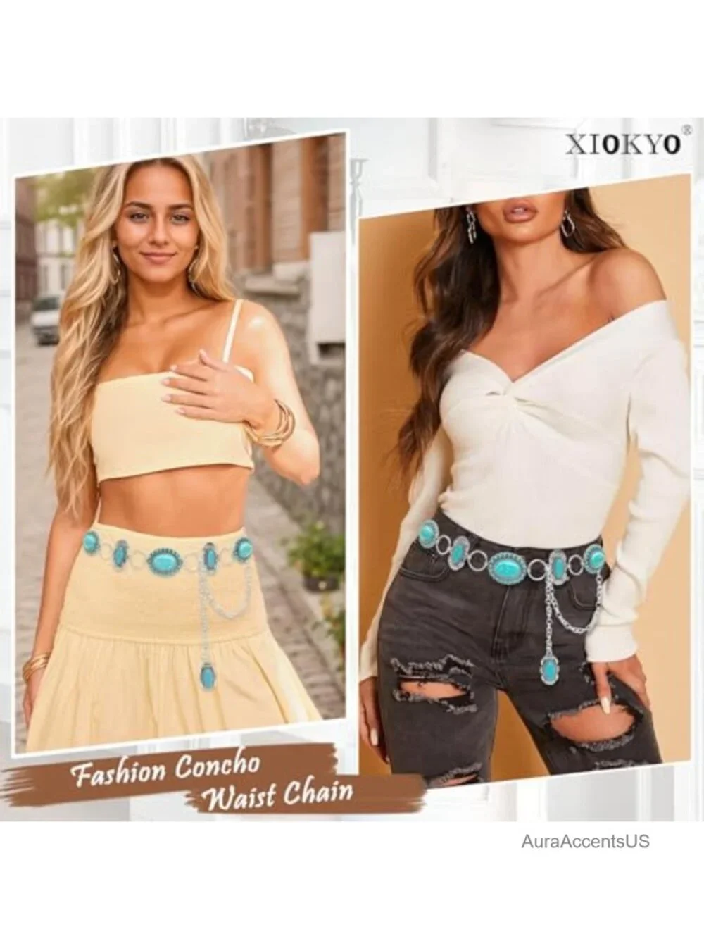 Vintage Western Turquoise Concho Chain Belt for Women